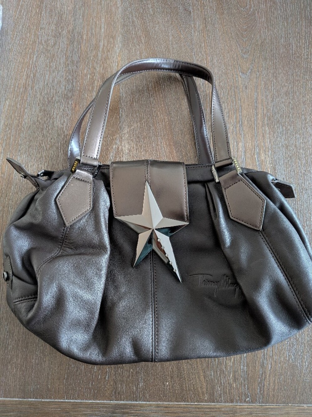 Thierry Mugler Dark Brown Solid Star Crystal Shoulder Bag